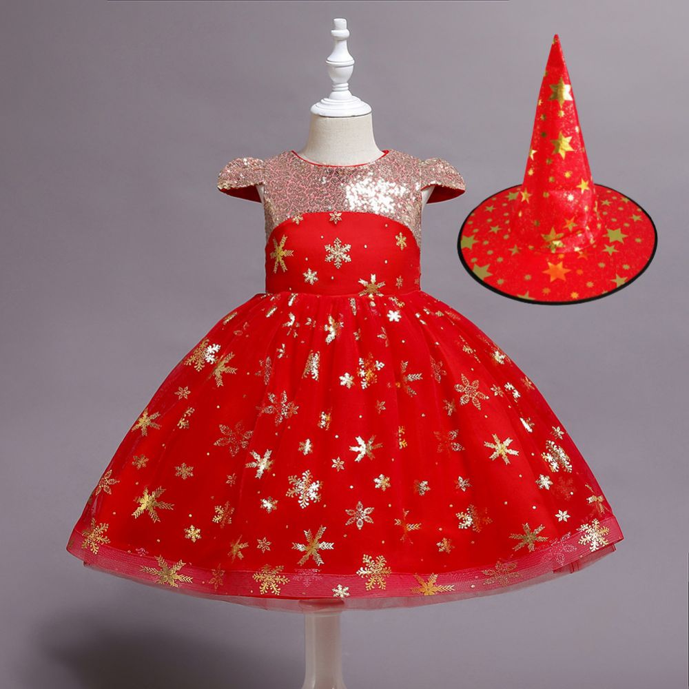 Cap sleeves v-neck sparkle stars red princess flower girl dress