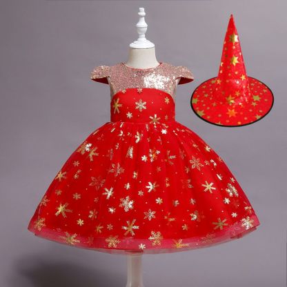 Cap sleeves v-neck sparkle stars red princess flower girl dress