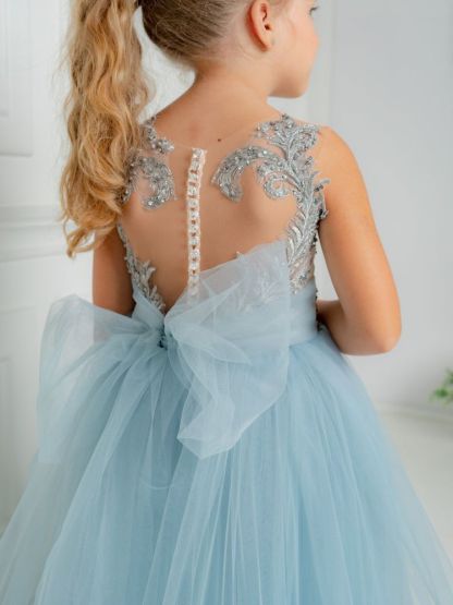 Sweet Sleeveless Little Girl Dress Sky Blue Tulle Floral Lace Appliques with Bow tie