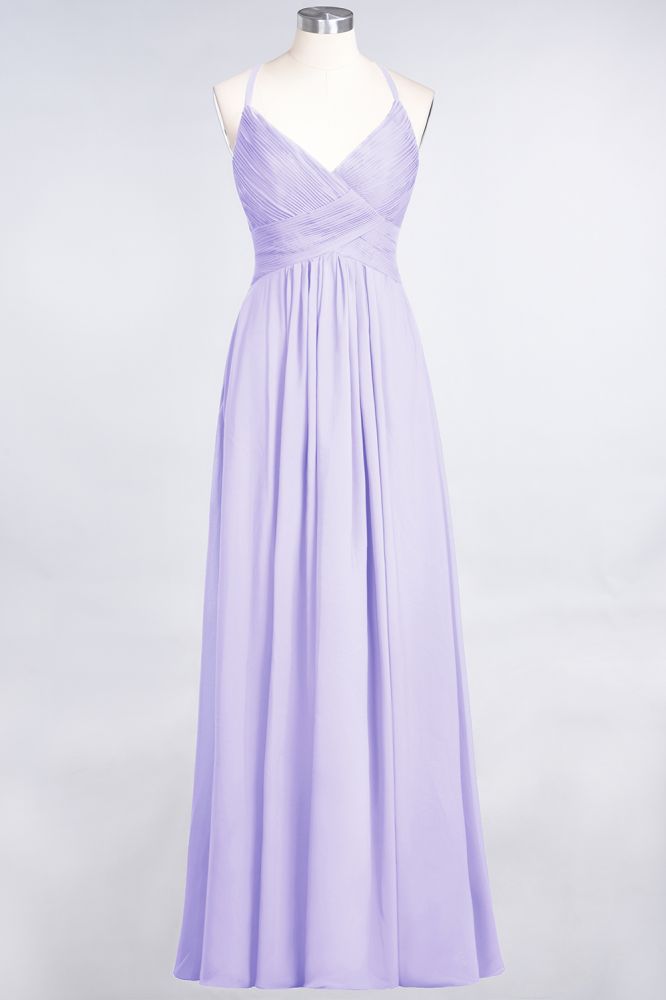 Chiffon A-Line Spaghetti-Straps V-Neck Sleeveless Long Bridesmaid Dress with Ruffles