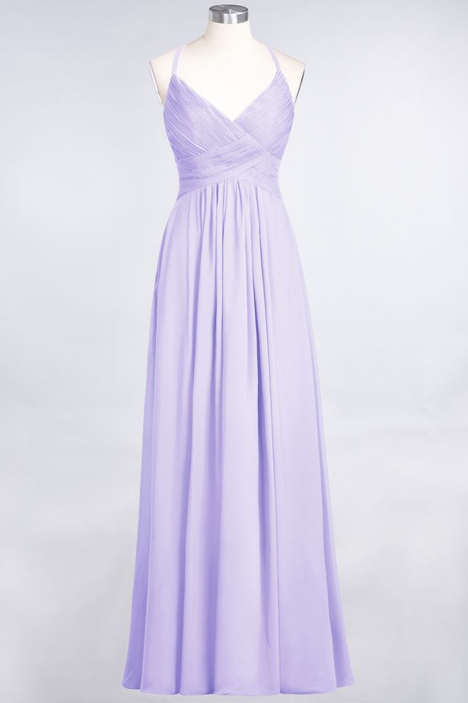 Chiffon A-Line Spaghetti-Straps V-Neck Sleeveless Long Bridesmaid Dress with Ruffles