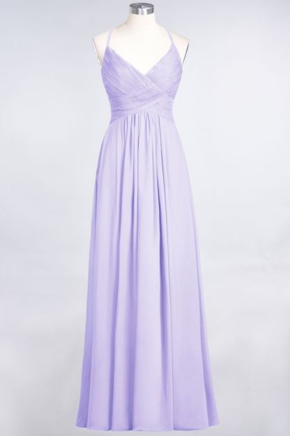Chiffon A-Line Spaghetti-Straps V-Neck Sleeveless Long Bridesmaid Dress with Ruffles