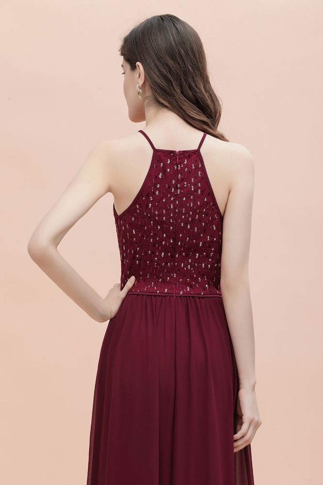 Halter Sequins A-line Evening Dress Chiffon Elegant Party Maxi Dress