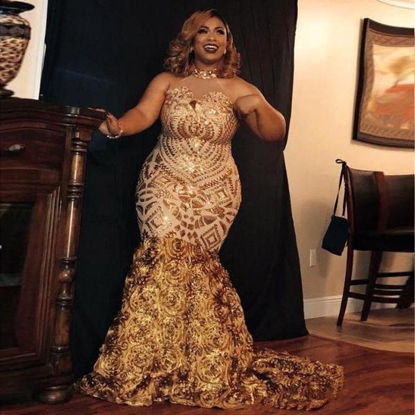 Sparkle Golden Sequined High neck Plus size Mermaid Prom Dress with Flower Train