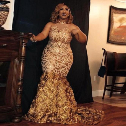 Sparkle Golden Sequined High neck Plus size Mermaid Prom Dress with Flower Train