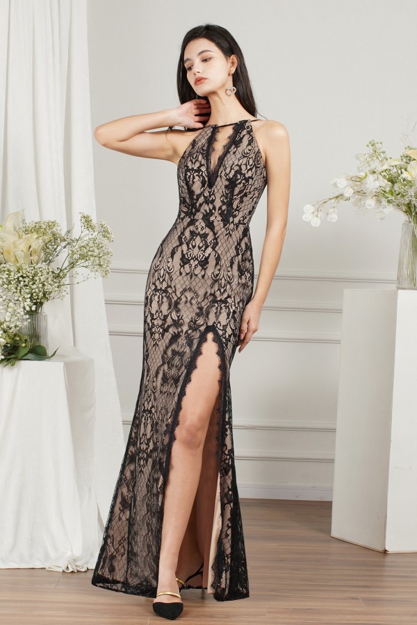 Black lace bridesmaid dress with high split