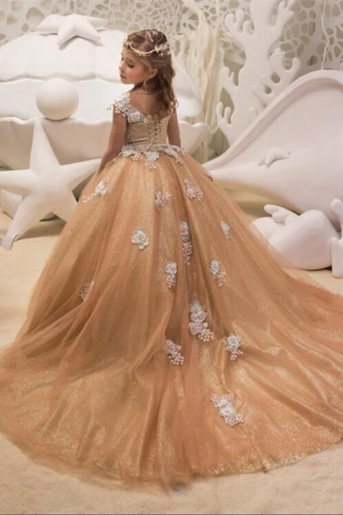 Lovely Long Champagne Cap Sleeves Flower Girl Dresses WIth Lace Up| Jewel Tulle Kids Dresses For Wedding-Babyonlinewholesale