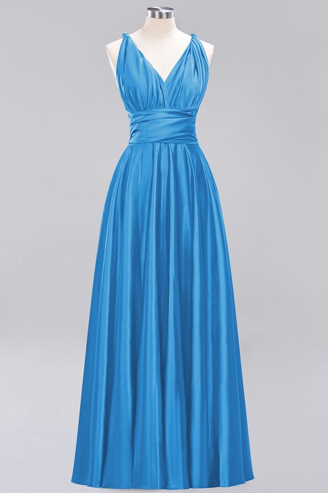 Simple A-Line V-Neck Sleeveless Floor Length Convertible Bridesmaid Dress with Ruffles