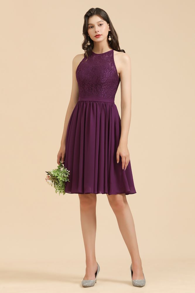 Halter Purple Lace Short Wedding Party Dress Sleeveless Chiffon Maid of Honor Dress