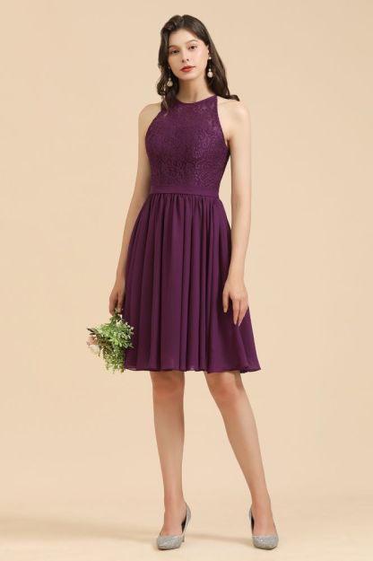 Halter Purple Lace Short Wedding Party Dress Sleeveless Chiffon Maid of Honor Dress