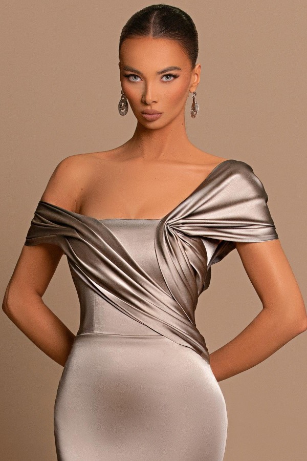 Grey Asymmetric Floor Length Mermaid Satin Prom Dress with Ruffles