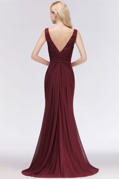 Elegant A-Line Burgundy Chiffon Lace Scoop Sleeveless Ruffles Floor-Length Bridesmaid Dresses