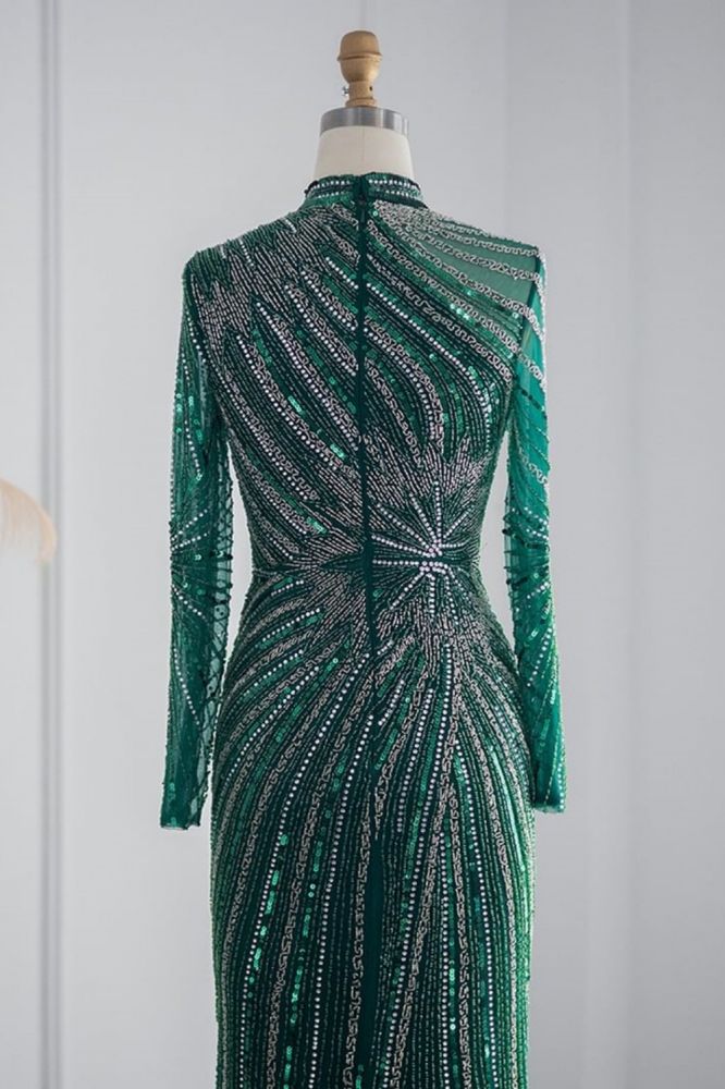 Elegant High Neck Long Sleeves Beading Mermaid Evening Gowns with Crystals Sash