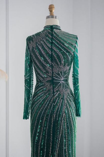 Elegant High Neck Long Sleeves Beading Mermaid Evening Gowns with Crystals Sash