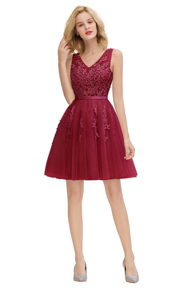 Sexy V-neck Lace-up Short Homecoming Dresses with Lace Appliques | Burgundy, Navy, Dusty pink Back to school Dress-Babyonlinewholesale