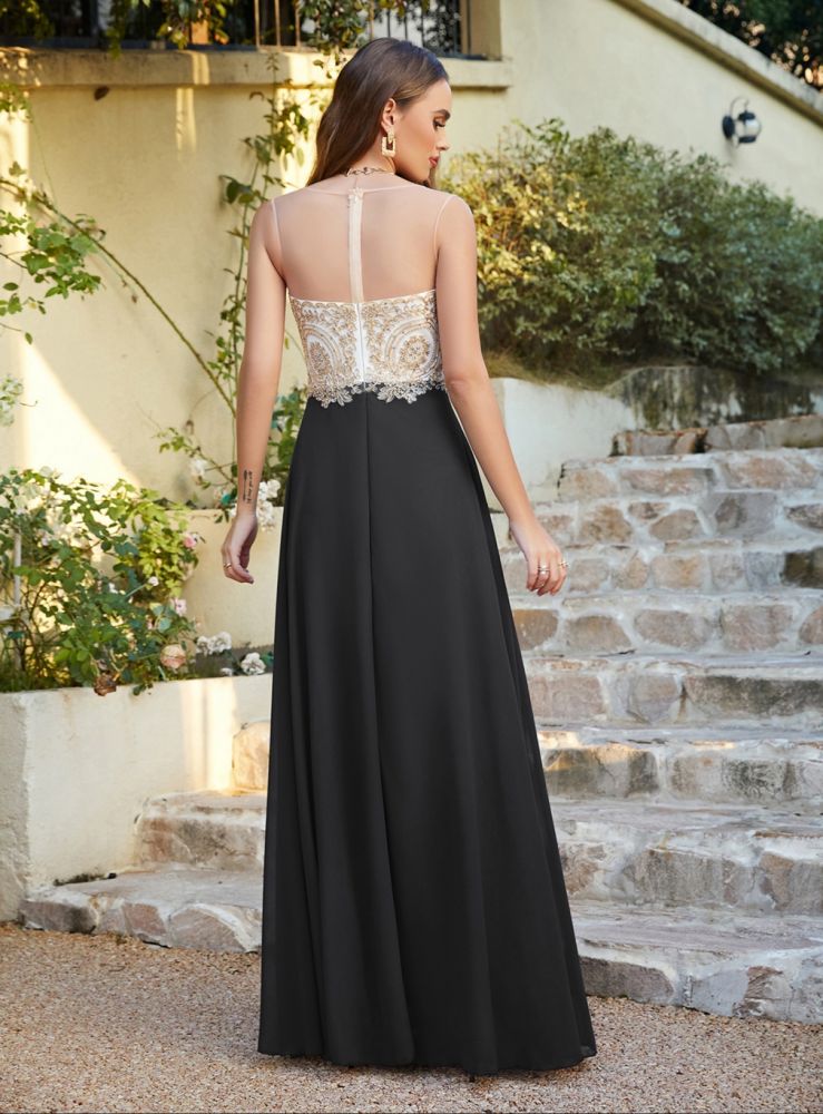 Sleeveless Lace Appliques Long Prom Dresses Chiffon Evening Party Gown