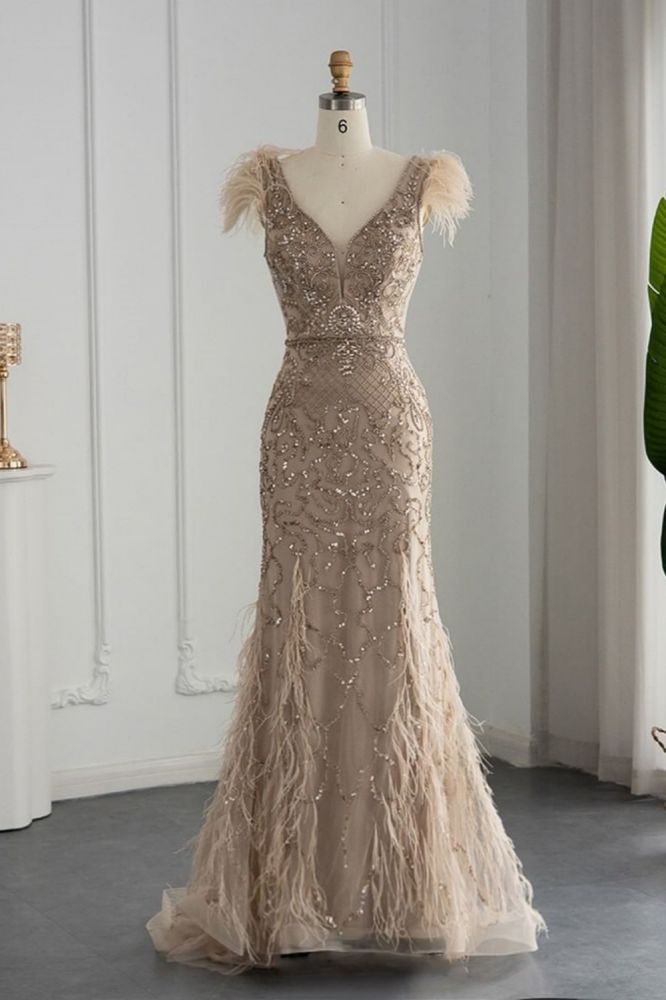Gorgeous V-Neck Shinystones Beading Mermaid Evening Gown with Feather Dubai Party Gowns