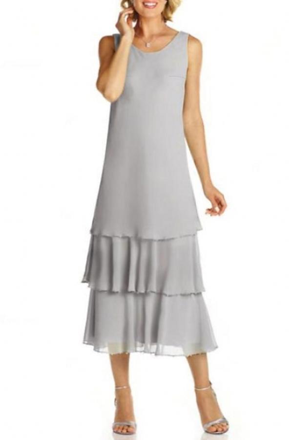 Long sleeves Grey Chiffon Round neck Column Mother of the bride Dress