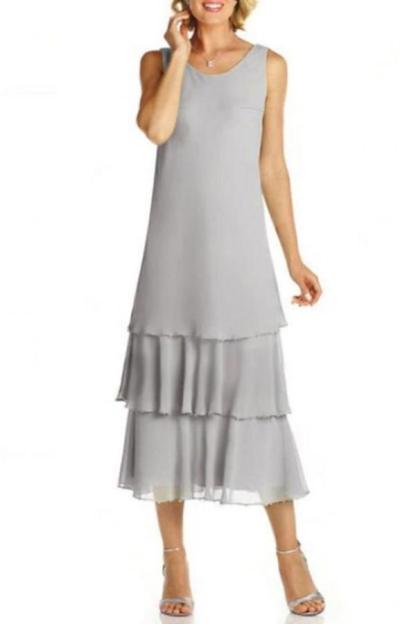 Long sleeves Grey Chiffon Round neck Column Mother of the bride Dress