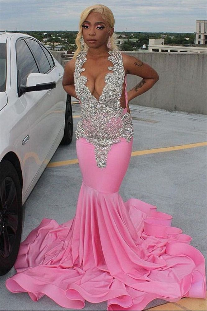 Silver Beaded Pink Mermaid Court Train Prom Dresses