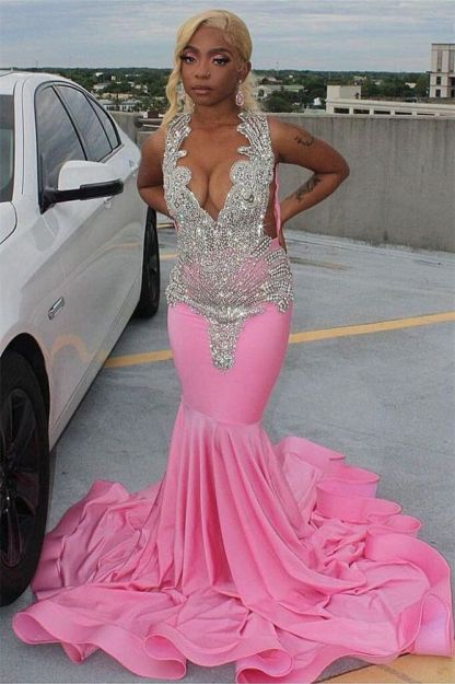 Silver Beaded Pink Mermaid Court Train Prom Dresses