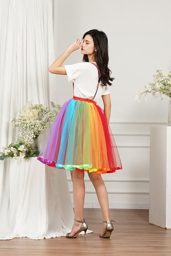 Rainbow Knee Length Skirt Layered Tulle Skirt Girls Colorful Costumes