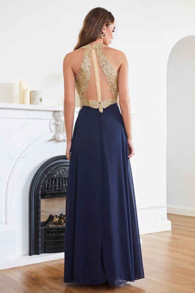 Halter Gold Appliques Ruffle Chiffon Bridesmaid Dress Floor Length Aline Evening Dress