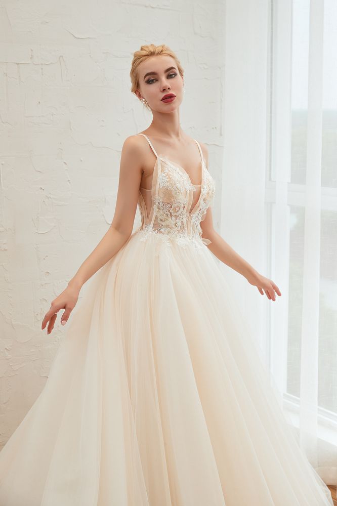 Boho Spaghetti Straps Ivory Ball Gown Wedding Dress | Romantic Bridal Gowns for Sale