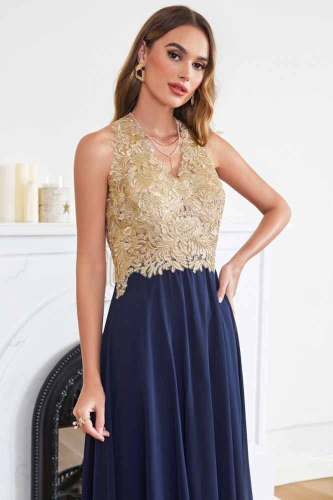 Halter Gold Appliques Ruffle Chiffon Bridesmaid Dress Floor Length Aline Evening Dress