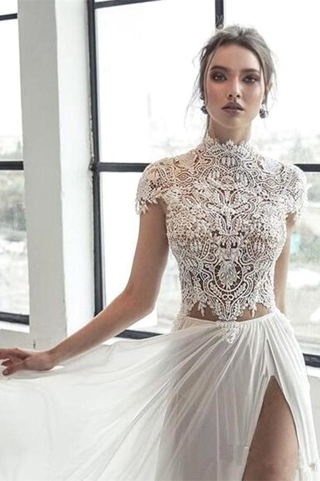 High neck Cap sleeves Ivory Chiffon Split Wedding Dress | Elegant Long Bridal Gown