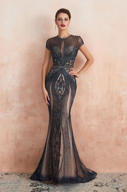 Chloe | Luxury Dark Navy Cap Sleeve Key hole Sparkle Prom Dress Online, Beautiful Champange Dresses for Evening Party-Babyonlinewholesale