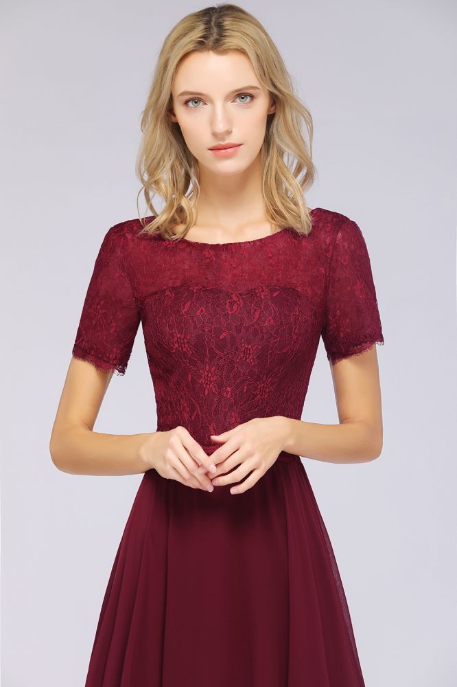 Chiffon A-Line Lace Round-Neck Short-Sleeves Long Bridesmaid Dress