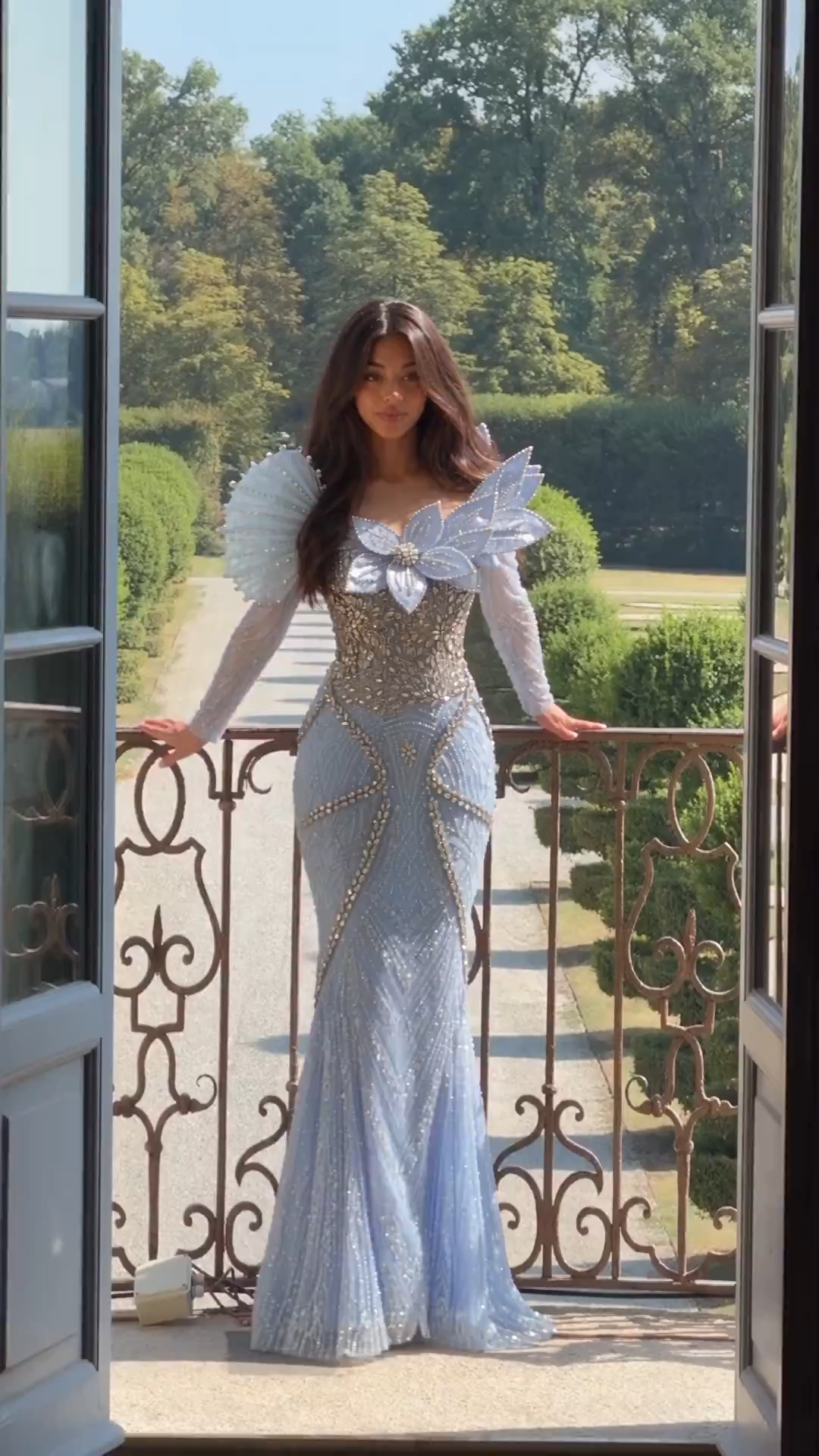 Luxury Crystals Long Sleeves Floor-Length Mermaid Prom Dress with Flowers 