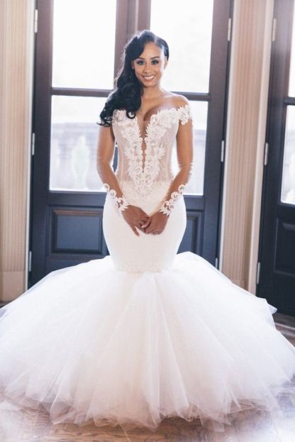 Off the Shoulder Mermaid Wedding Dress | Lace Appliques Elegant Long Sleeve Bridal Gowns
