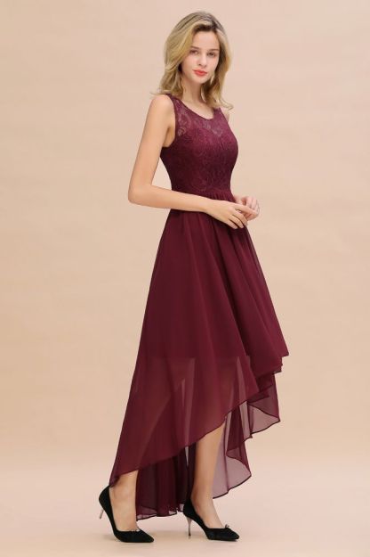 Bugundy Jewel Neck Hi-Lo Evening Dress Chiffon Lace Bridesmaid Dress