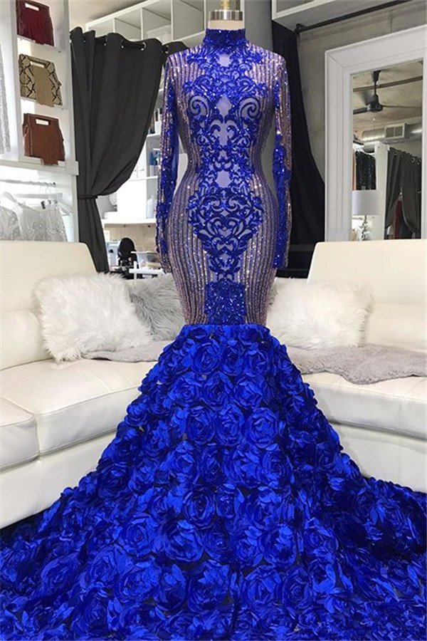 Sparkle Sequins Blue Flowers Fit and Flare Prom Dresses | Appliques High Neck Long Sleeve Evening Gowns-Babyonlinewholesale