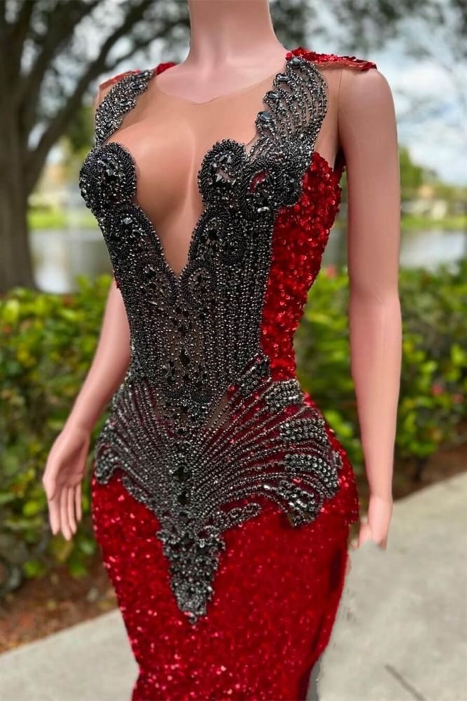 Black sequined Burgundy Floor length Prom Dresses