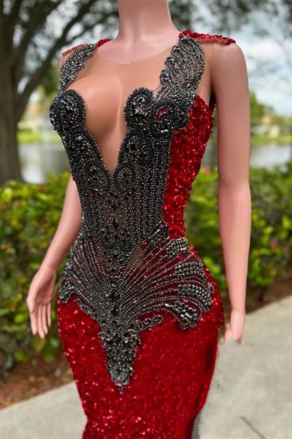 Black sequined Burgundy Floor length Prom Dresses