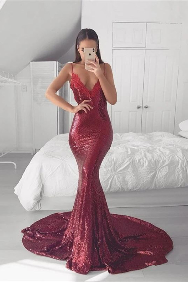 Burgundy V-neck Court Train Mermaid Prom Dresses