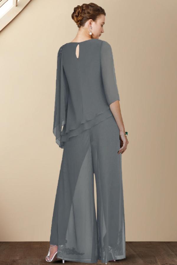 Elegant Jewel Neck Floor Length Chiffon 3/4 Length Sleeves Jumpsuit with Appliques