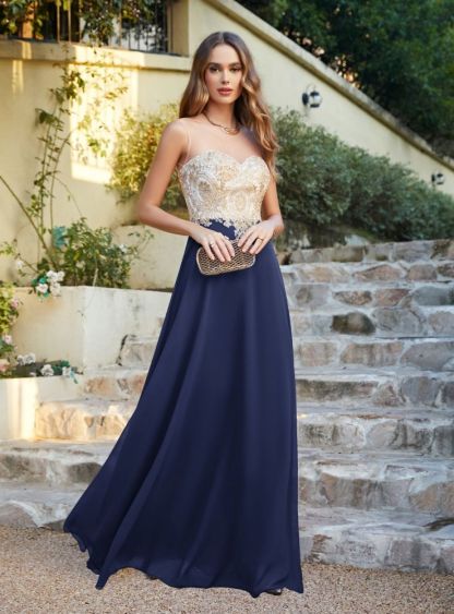 Sleeveless Lace Appliques Long Prom Dresses Chiffon Evening Party Gown