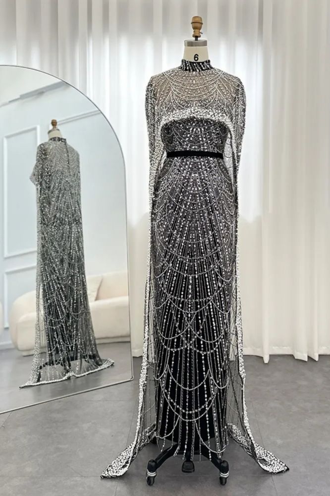 Luxury Pearls Dubai Mermaid Evening Dress with Cape Sleeves Seequined Floor Length Party Dress