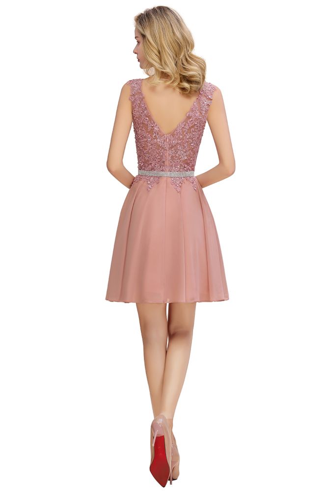 Cute Deep V-neck Short Sexy Sleeveless V-back Dusty Pink Knee length Womens Dress for Cocktail Party