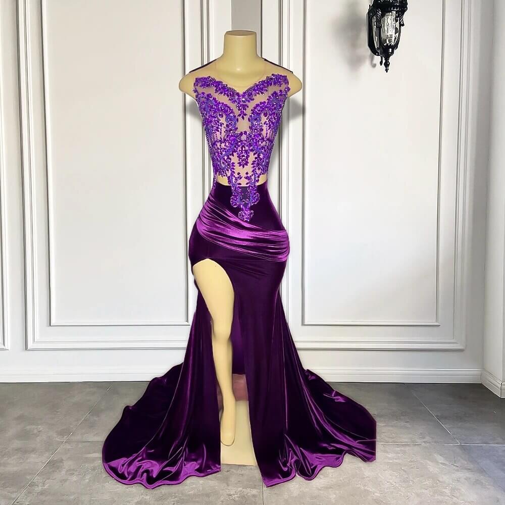 Purple Sweetheart Velvet Long Train Mermaid Prom Dresses