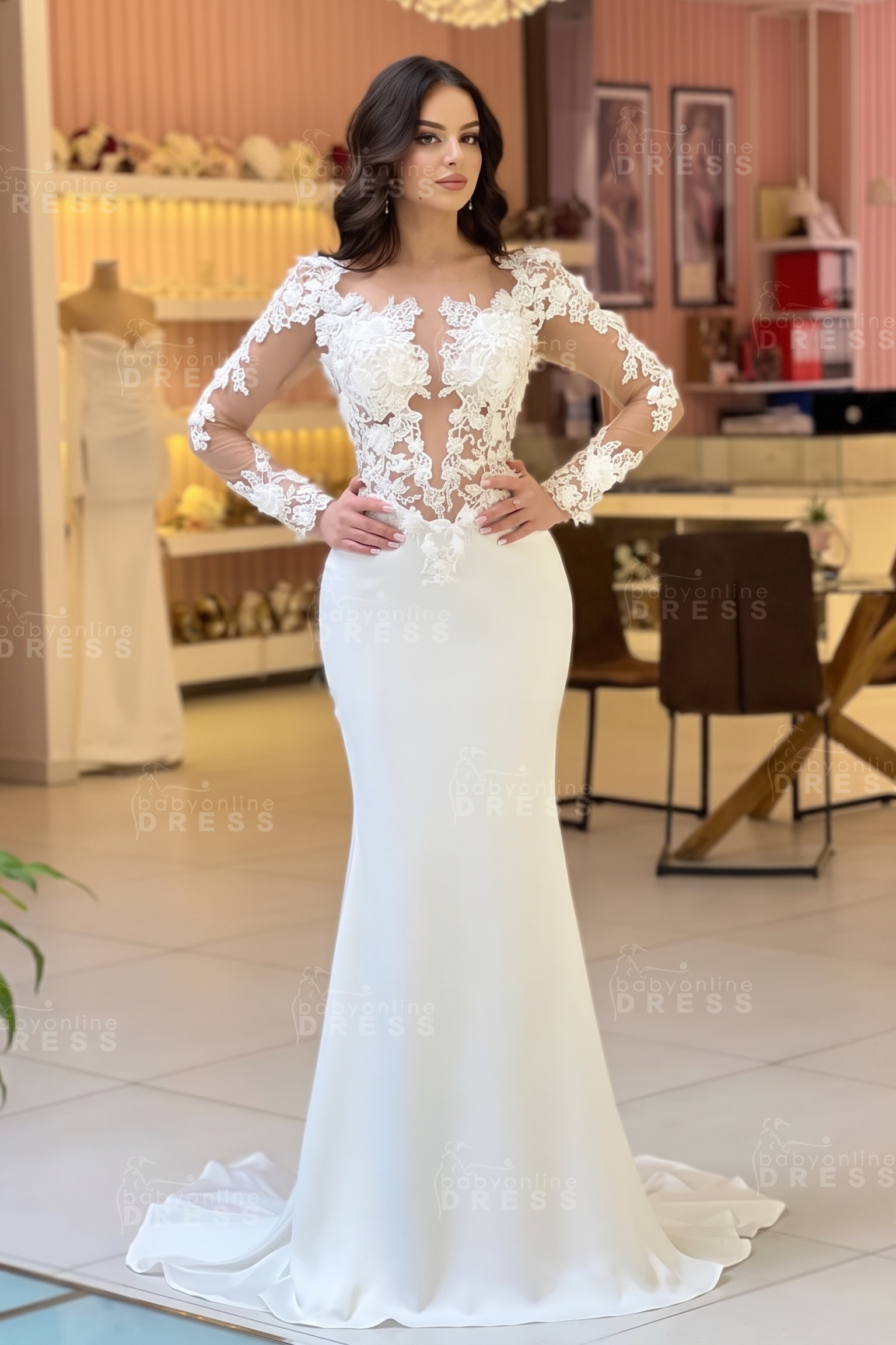 Long sleeves Lace Appliques White Satin Mermaid Wedding Dresses