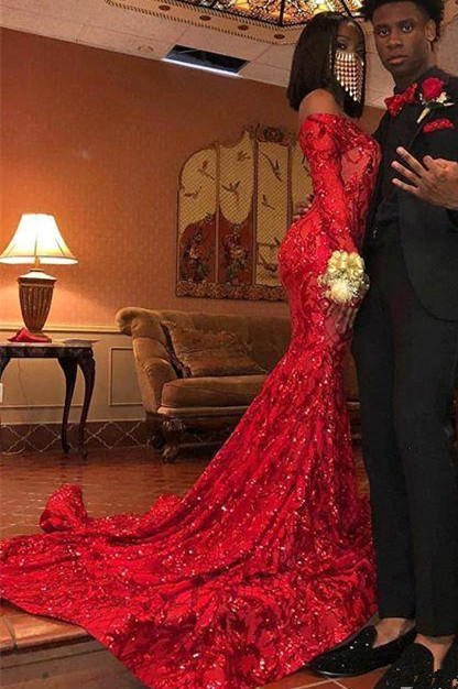 Sparkly Mermaid Off The Shoulder Long Sleeves Prom Dresses | Sequins Party Gowns
