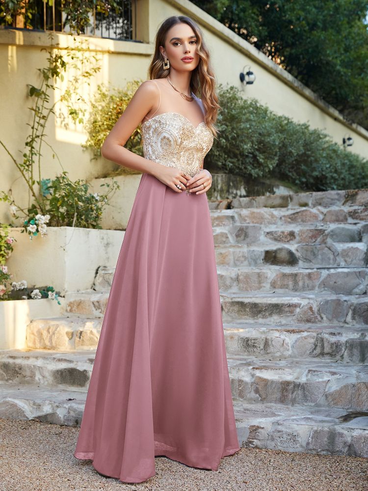 Sleeveless Lace Appliques Long Prom Dresses Chiffon Evening Party Gown