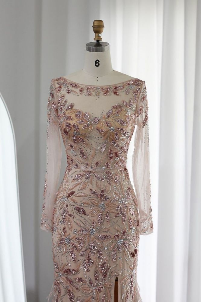 Elegant Scoop Neck Long Sleeves Front Slit Evening Dress Glitter Sequins Flower Fur Floor-Length Wedding Party Dress-Babyonlinewholesale