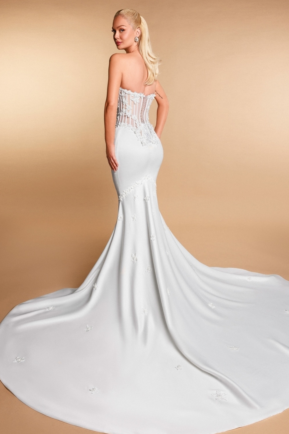 Strapless White Satin Flower Mermaid  Draped Wedding Dresses