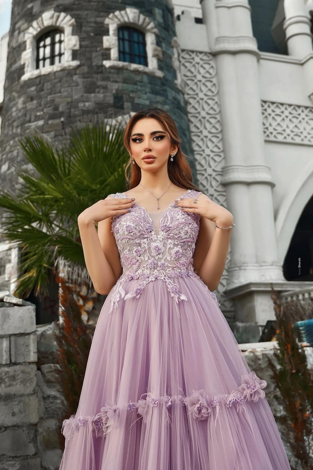 A-Line V-neck Lace Purple  Elegant Flower Long Prom Dresses